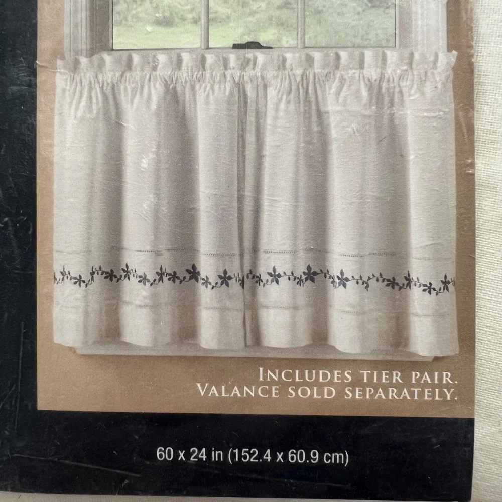 Colormate Embroidered Floral Tier Pair Curtains 60x24 Cotton Cream Blue
